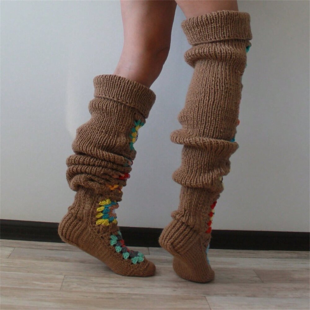 Khaki Women's Extra Long Crochet-Knit Thigh Socks Over Knee Stockings - Picture 2 of 3